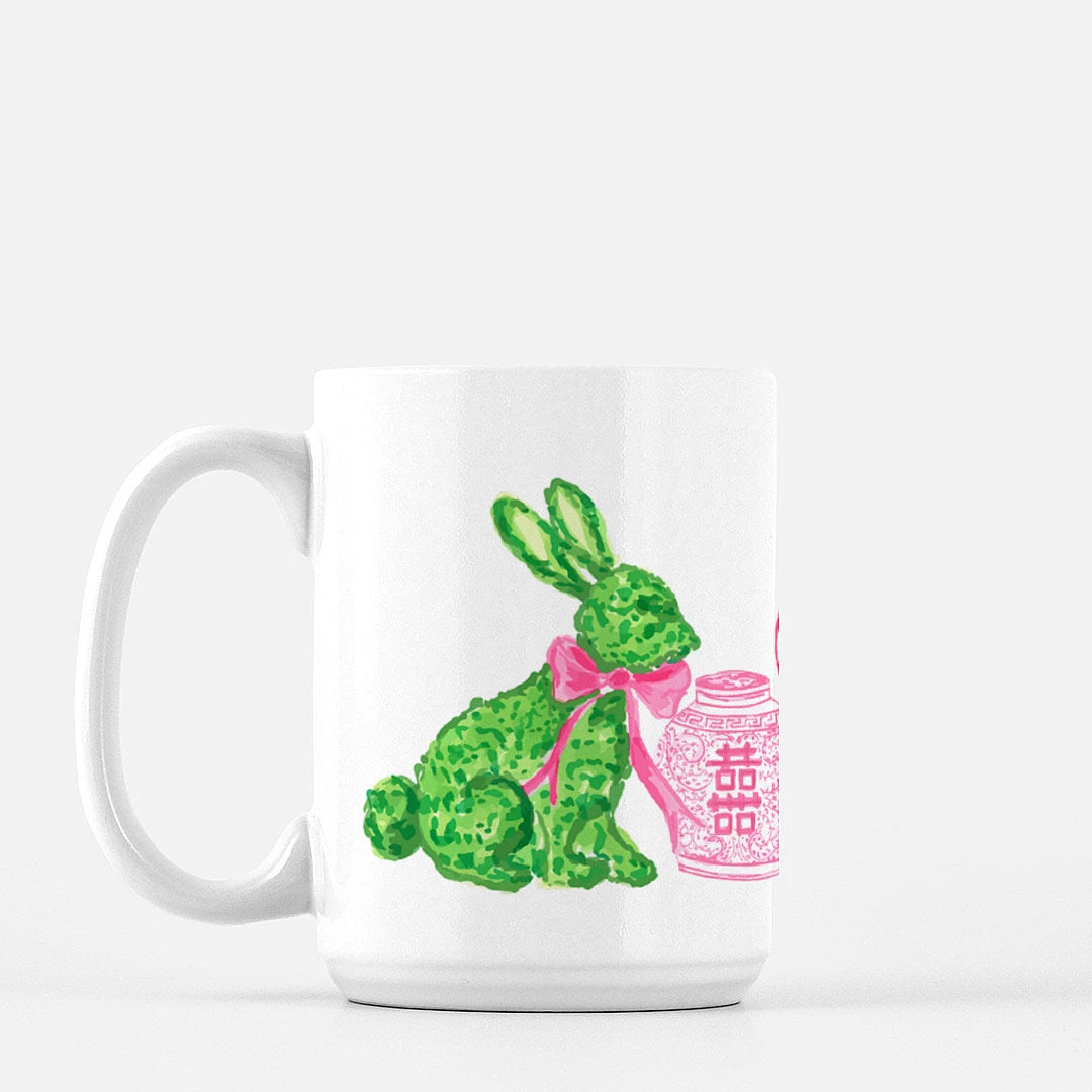 Boxwood Bunnies Porcelain Mug, Pink 1 Boxwood Bunnies Porcelain Mug, Pink