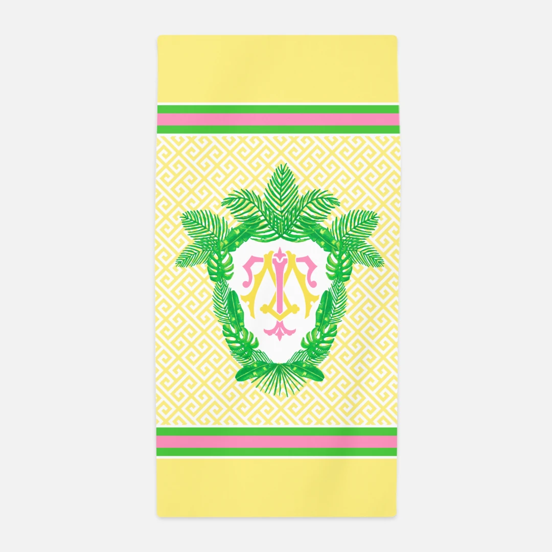Tropical Palm Leaf Custom Crest, Daybreak, Beach Towel 1 Tropical Palm Leaf Custom Crest, Daybreak, Beach Towel