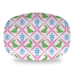 Boxwood Bunnies Chinoiserie Easter Melamine Platter, Pink