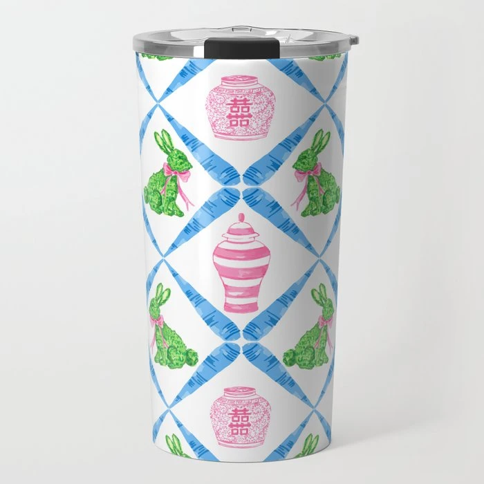 Boxwood Bunnies Chinoiserie Easter Travel Tumbler, Blue 1 Boxwood Bunnies Chinoiserie Easter Travel Tumbler, Blue