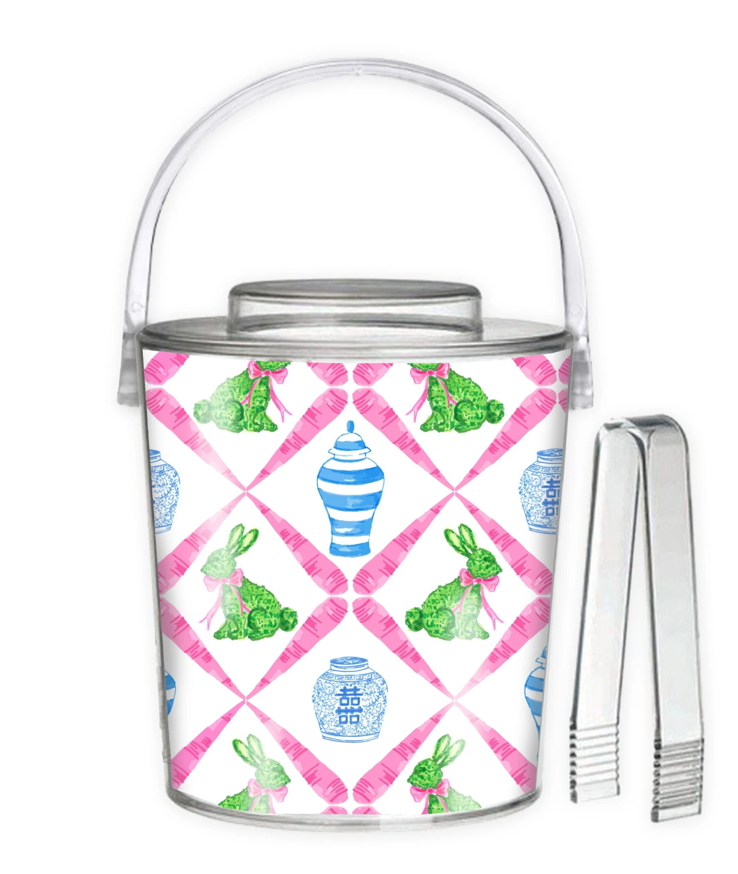 Boxwood Bunnies Chinoiserie Easter Ice Bucket, Pink 1 Boxwood Bunnies Chinoiserie Easter Ice Bucket, Pink