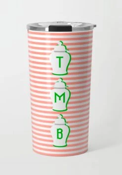 Coral & Green Ginger Jar Stripe Stainless Steel Travel Tumbler