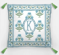 Mughal Blooms Monogram Euro Pillow & Insert, 26"x26", Blue