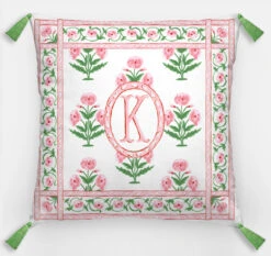 Mughal Blooms Monogram Euro Pillow & Insert, 26"x26", Pink