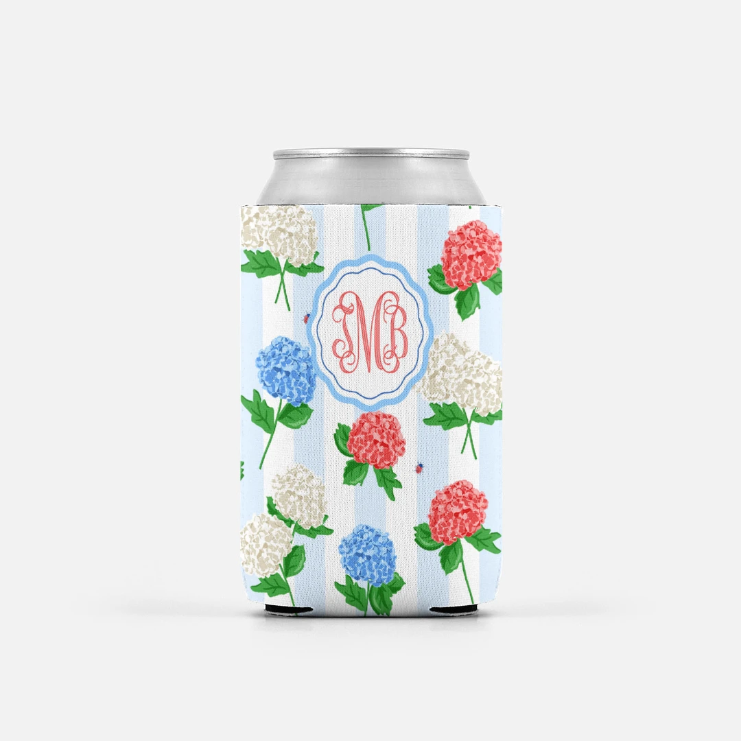 Hydrangea Blooms, Set Of 2 Personalized Can Coolers 1 Hydrangea Blooms, Set Of 2 Personalized Can Coolers