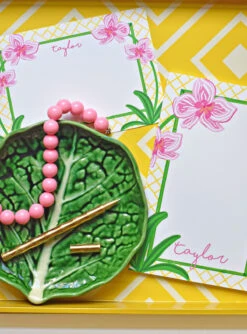 Pink Orchid Flat Note Cards -Gift Supplies Store PINK ORCHID YELLOW TRELLIS FLORAL STATIONERY SUITE NOTE CARD AND NOTE PAD 2