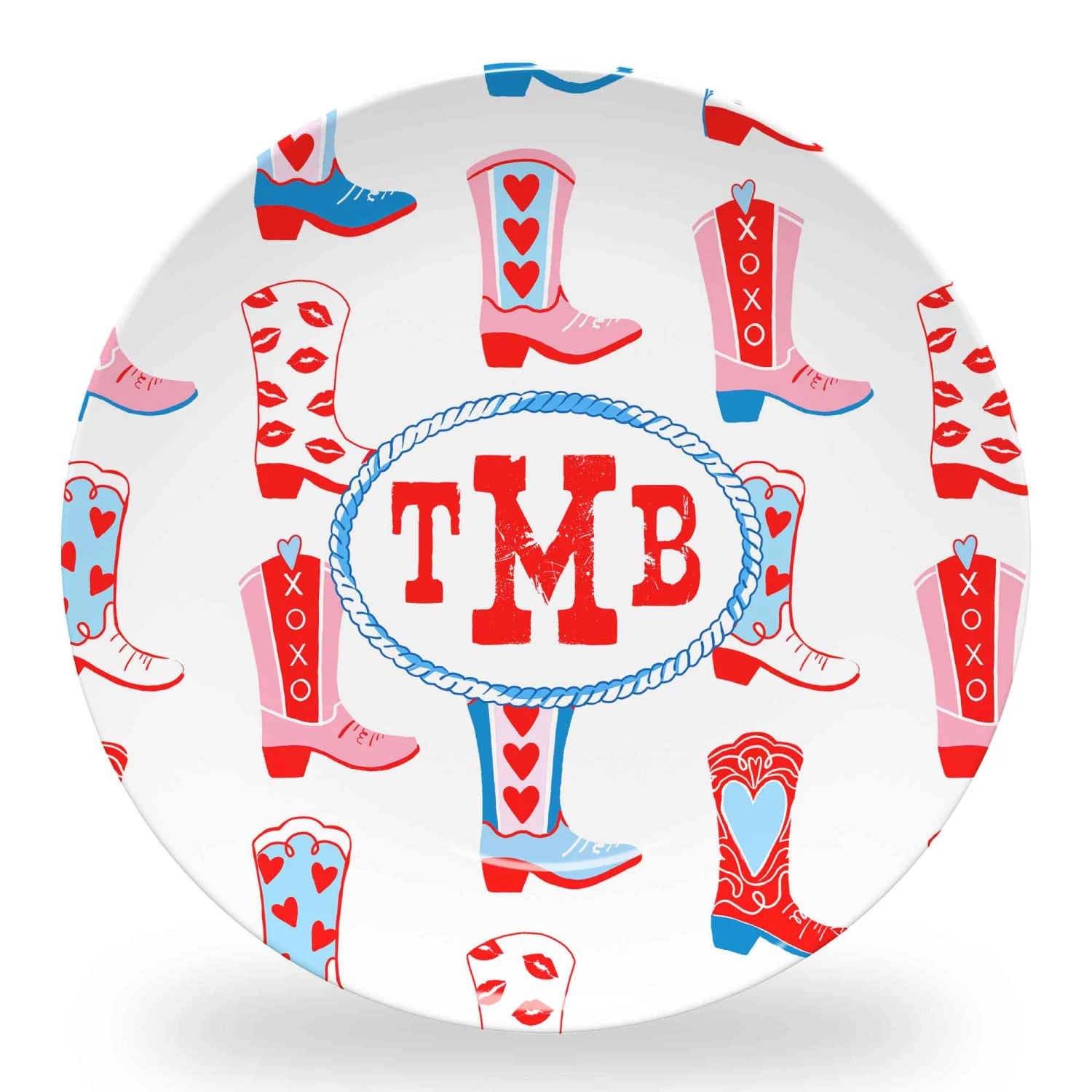 Rootin' Tootin' Valentine's, True Blue, Set Of (4) Personalized 10" Dia. Melamine Plates 1 Rootin' Tootin' Valentine's, True Blue, Set Of (4) Personalized 10" Dia. Melamine Plates