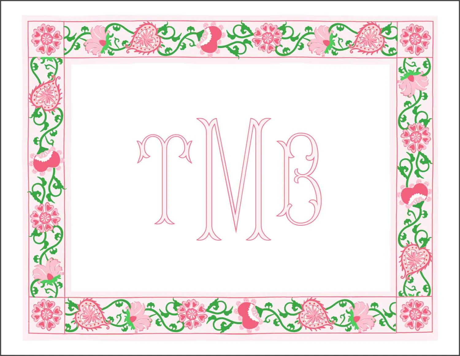 Sweetheart Suzani Border, Pink, Personalized Valentine's Folded Note Cards 1 Sweetheart Suzani Border, Pink, Personalized Valentine's Folded Note Cards