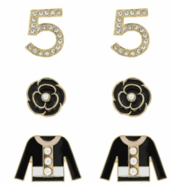 Chanel No 5 Inspired Black Bejeweled Statement Earrings - Three (3) Pairs